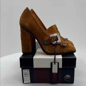 Tommy  Hilfiger Tan Suede Heels with Silver Buckle